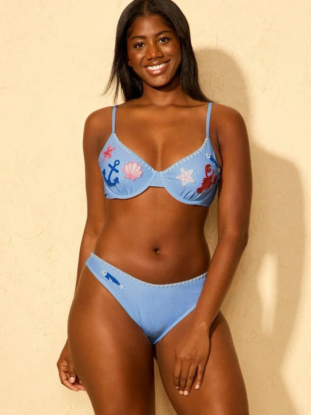 Women's Sardine Applique Striped Low-Rise Bikini Bottom - Wild Fable M.  NWT.